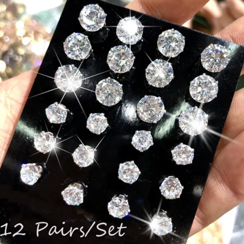 12 пар/компл. комплект из модных женских серьги 2018 Кристальные набор Циркон шесть