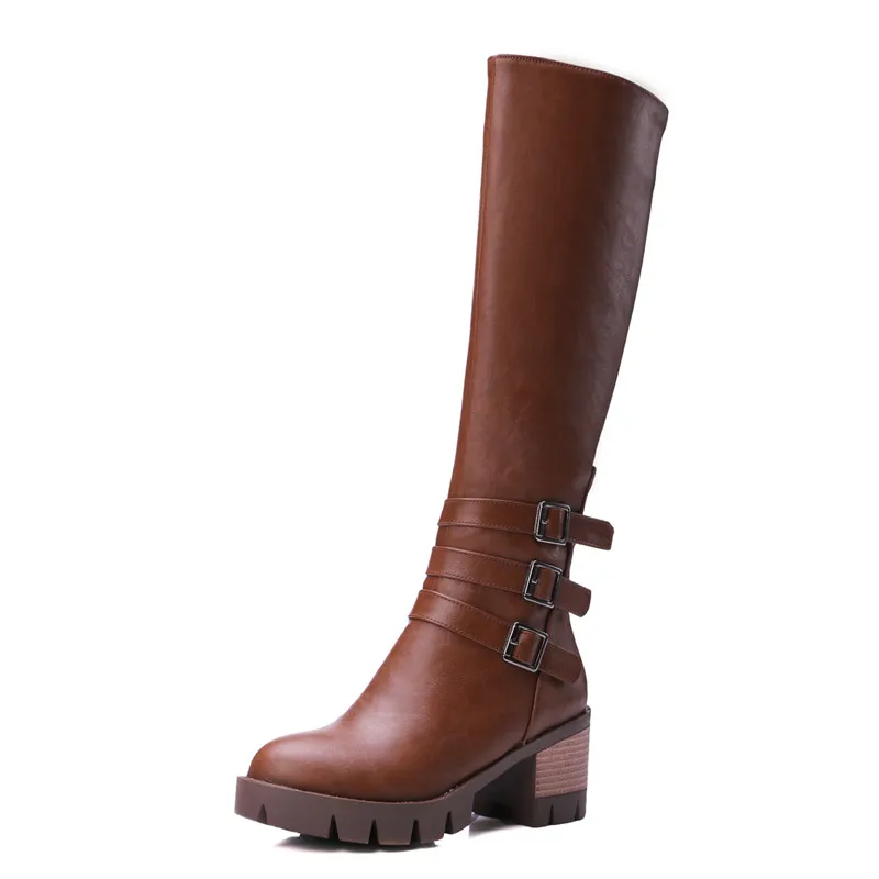 brown ASUMER/Большие размеры 34-43; модные сапоги до колена; обувь на квадратном каблуке с круглым носком, на молнии, с пряжкой; женские осенне-зимние ботинки; женские высокие ботинки - Цвет: brown