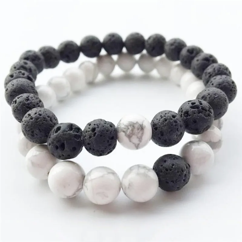 Черный белый браслет из натурального камня с лавовыми бусинами для влюбленных