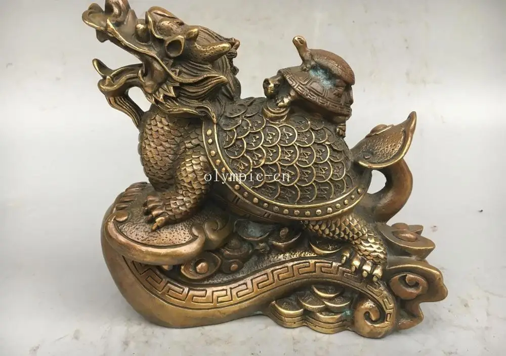 

7'' copper brass folk home fengshui decor auspicious RUYI Dragon Turtle tortoise
