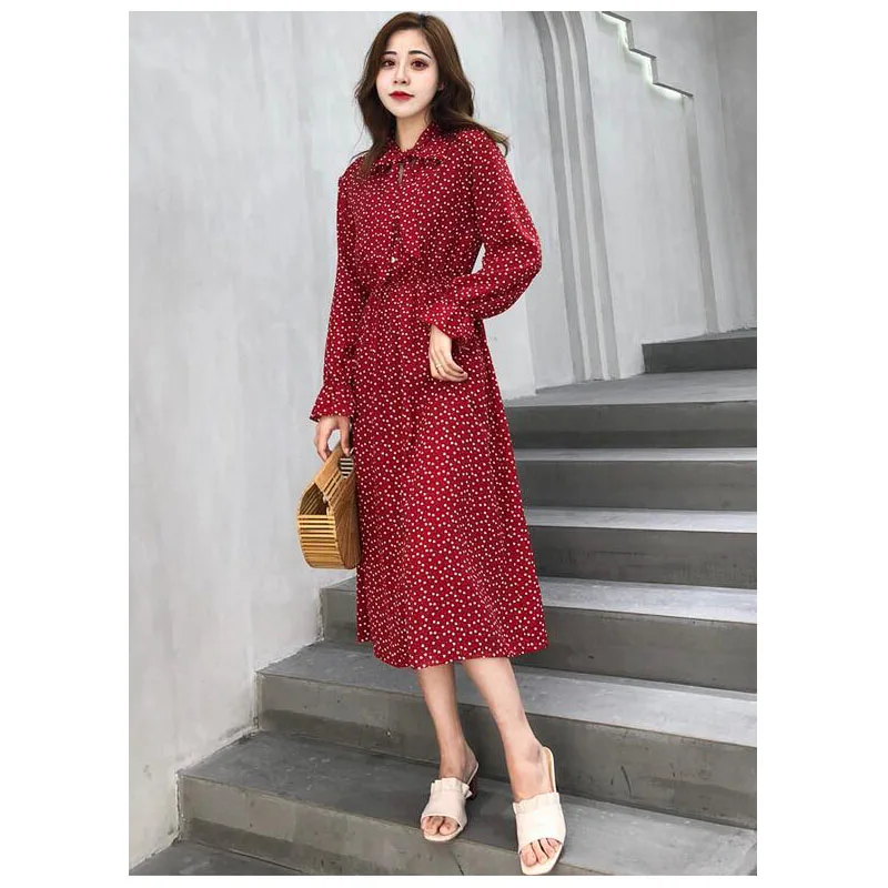 Женское шифоновое платье рубашка в горошек повседневное красное миди с