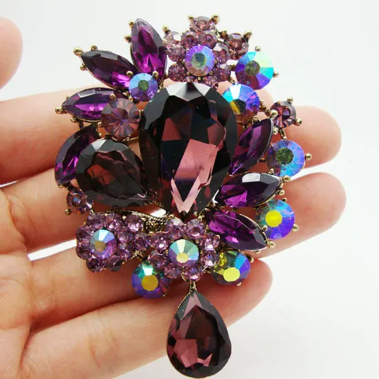 

TTjewelry Retro Style Flower Drop Brooch Pin Pendant Purple Rhinestone Crystal