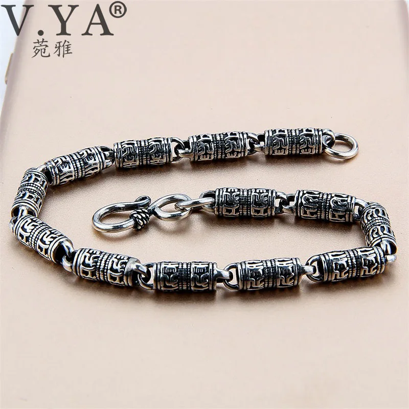 

V.YA Black Thai Silver Devanagari Bracelet Men's Six Words Mantra Bracelet Lucky Security Bracelet 925 Sterling Silver Jewelry