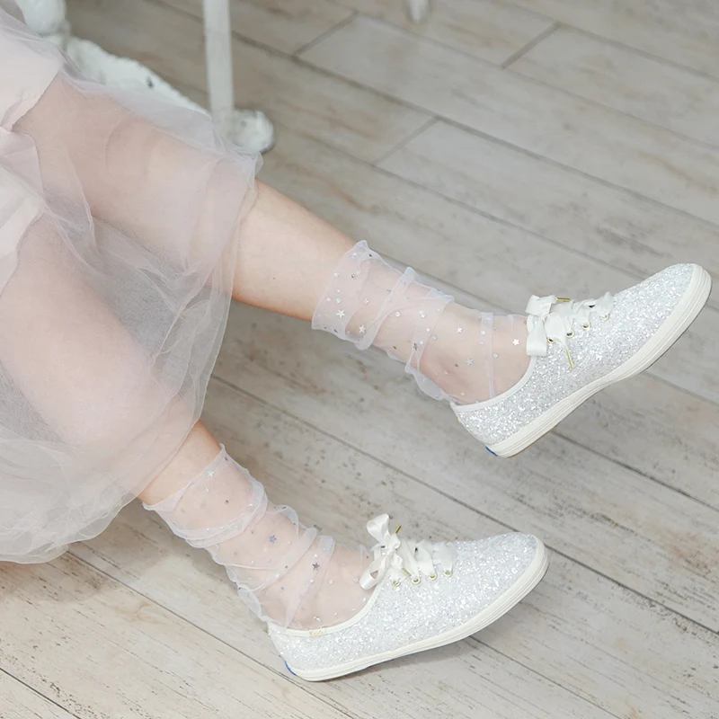 

Fashion Womens Lace Shiny Star Ankle Socks Glitter Thin Mesh Tulle Socks Sexy Soft Transparent Elastic Sheer Hosiery