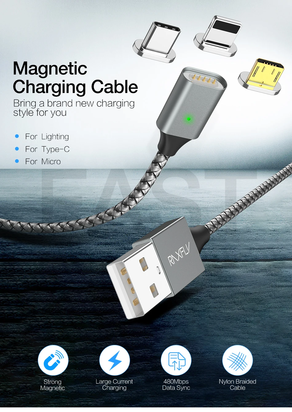Магнитный зарядный usb-кабель RAXFLY для iPhone X XS Max XR 8, Магнитный зарядный кабель Micro USB type C для huawei P20 Pro