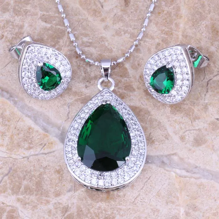 Божественный зеленый кубический цирконий Белый CZ посеребренные серьги кулон