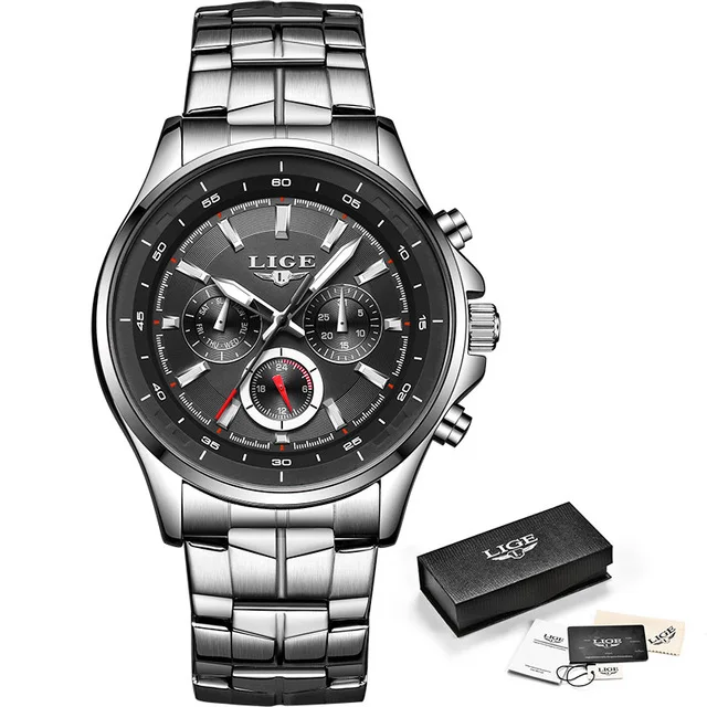 Steel black LIGE спортивные мужские часы, мужские кварцевые наручные часы, водонепроницаемые, ударопрочный стальной ремешок, черные армейские мужские часы, мужские часы Hodinky+ коробка - Цвет: Steel black