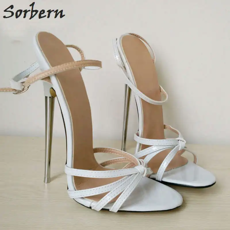 White Shiny Sorbern/женские босоножки размера плюс; металлические туфли на высоком каблуке 18 см с пряжкой на ремешке; реальное изображение; женские сандалии унисекс; большие размеры 36-46; цвет на заказ - Цвет: White Shiny