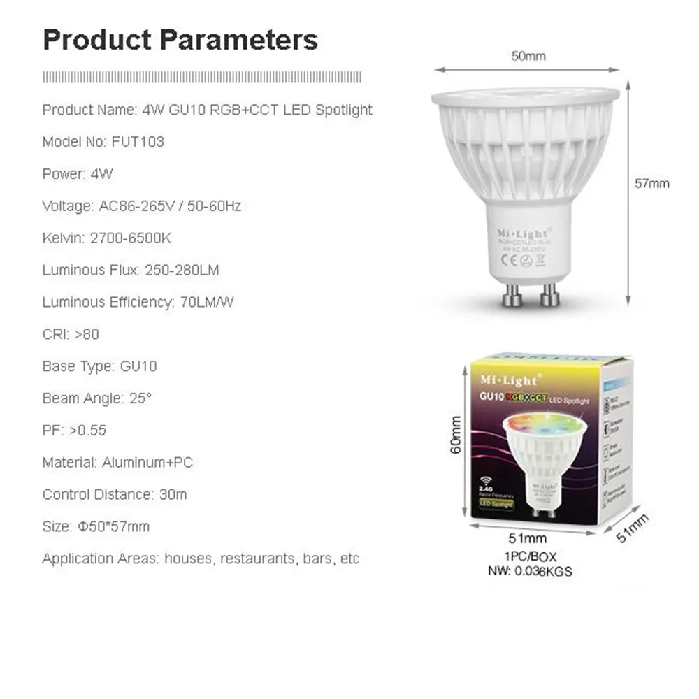 Приглушаемая Светодиодная лампа Mi Light 4 Вт GU10 RGB CCT (2700 6500K) светодиодная для