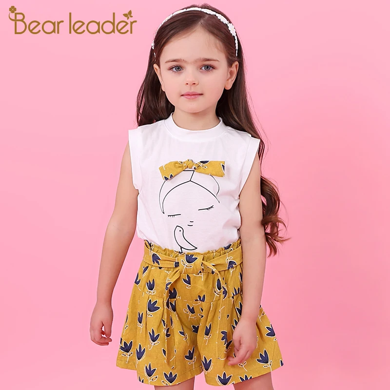 Bear leader/комплекты одежды для девочек Новая летняя футболка без рукавов+ штаны с бантом и принтом комплекты детской одежды из 2 предметов одежда для малышей