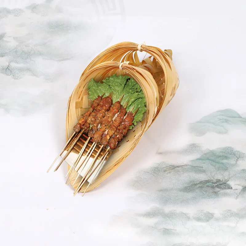 Woven Bamboo Basket Snack Plate Sushi Tray French Fries Handmade Creative Dessert Conch Hotel Tableware Food 2pcs | Дом и сад