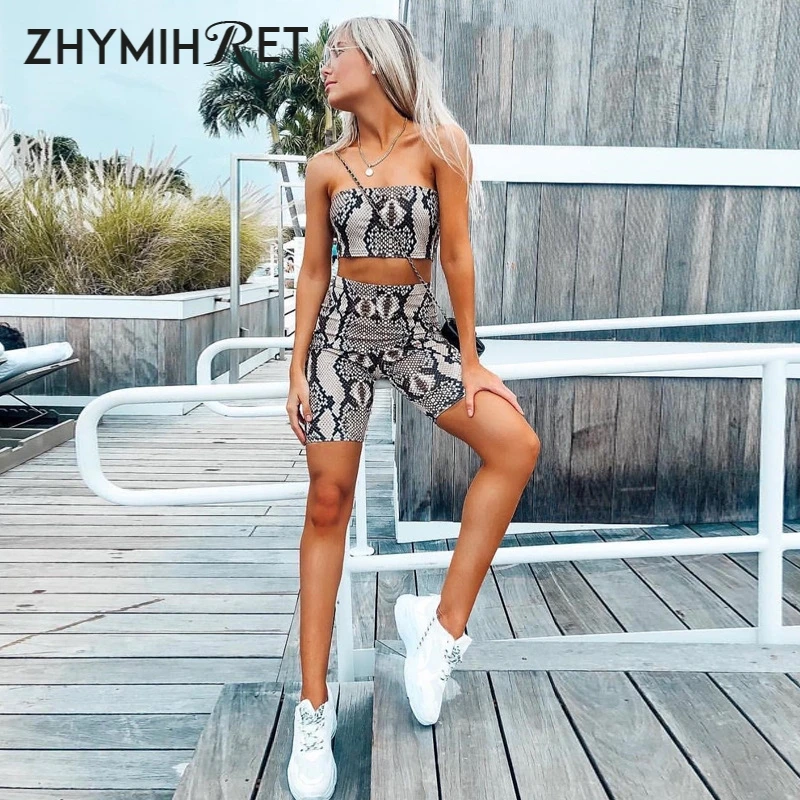 ZHYMIHRET 2018 осенний Топ шорты из змеиной кожи Комплект двух предметов для женщин
