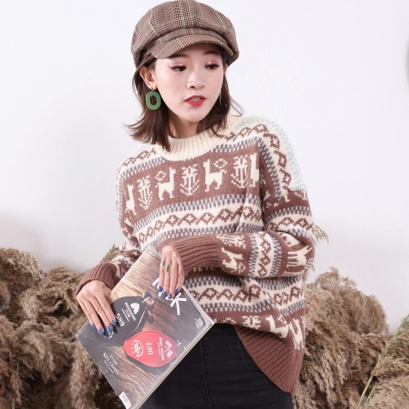 Winter Women Christmas Sweater with Deer Jacquard Korean O-neck Long Sleeve Pullover Thicken Warm Loose Casual knitted Sweaters | Женская