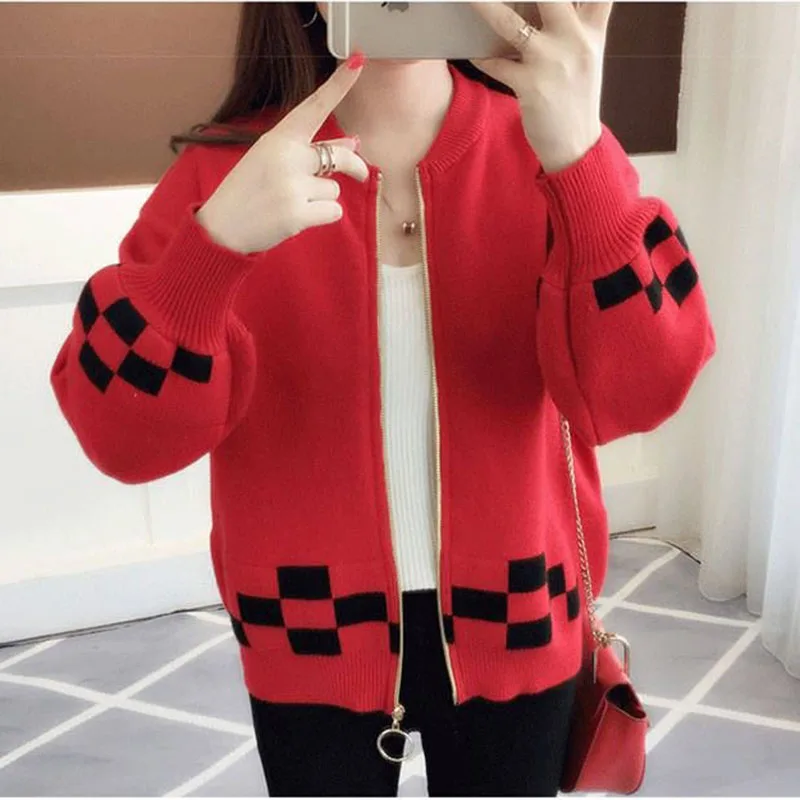 

Women Fall Knitted Short Cardigan With Zipper Long Sleeve Korea O-Neck Printed Cardigans Sweater Coat Ladies Fashion Open Stitch