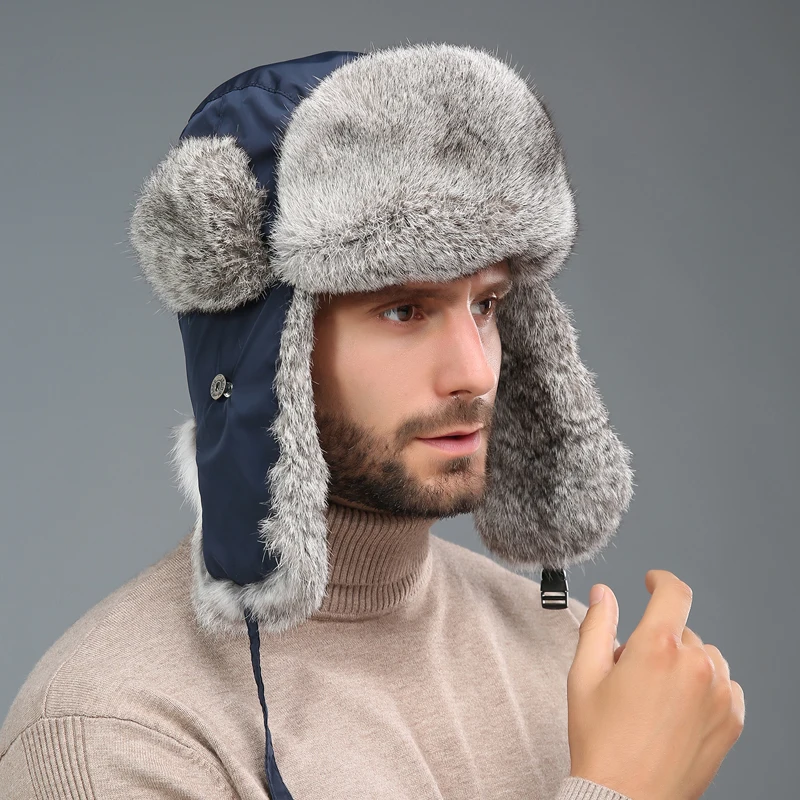 Men Real Rabbit Fur Bomber Hats Women Winter Warm Ushanka Russian Snow Hat with Earmuffs Trapper Cap Earflap | Аксессуары для