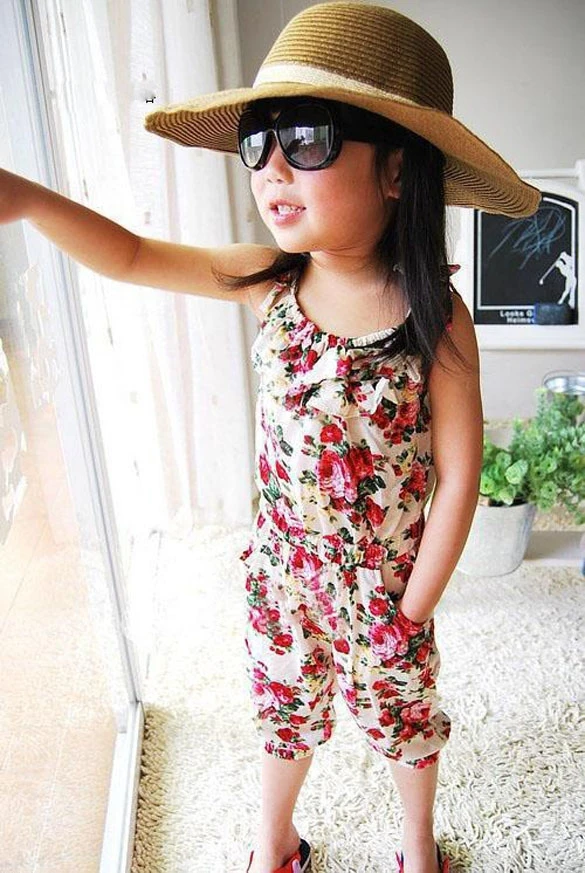 2014 New Children Jumpsuit/Girls Toddler Rompers/Short Playsuit/Kids Summer Floral Soft One-piece Clothing White&ampBlue B2 16339 | Мать и