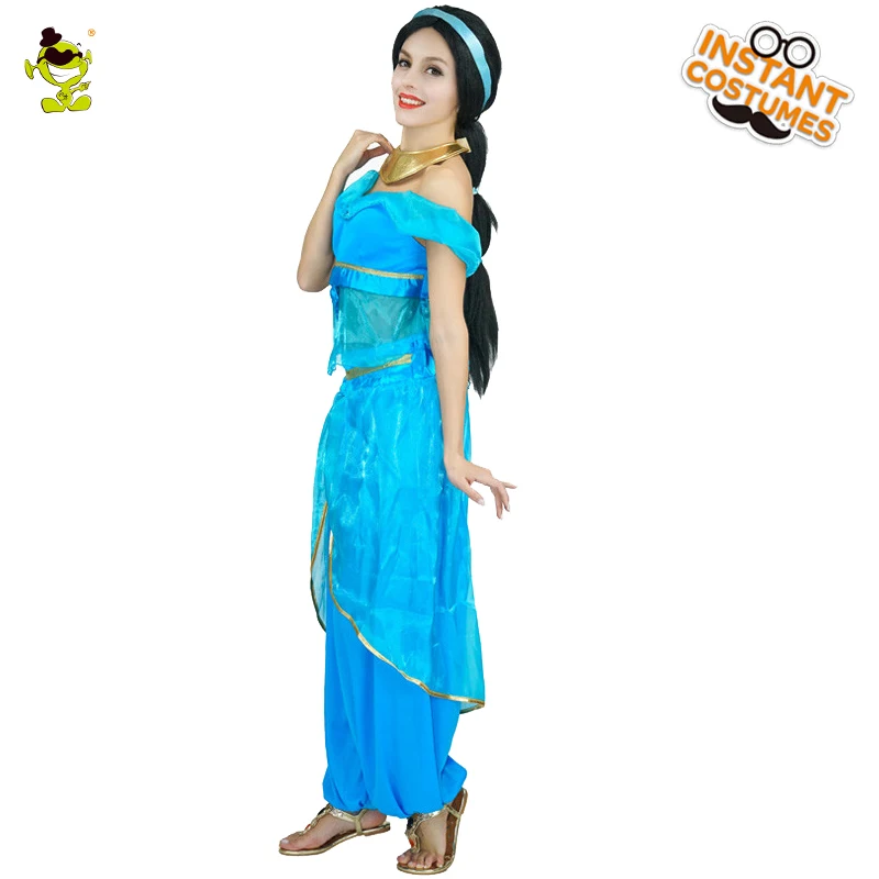 

QLQ Women Blue Sexy Arab Princess Costumes Carnival Party Graceful ArabianDress Cosplay Fancy Outfits with Wide-leg Pants
