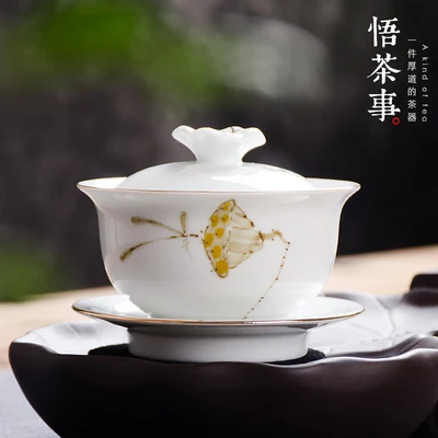 

Ceramic Tea Tureen Large White Porcelain Lotus Gaiwan Tea Cup Jingdezhen Hand-painted Underglaze Color Kung Fu Pu'er Teaware