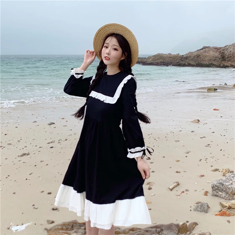 

Korean New Spring Black White Stitching Vintage Woman Dress Ruffles Knee-length Summer Dress Bohemia Loose Woman Dresses