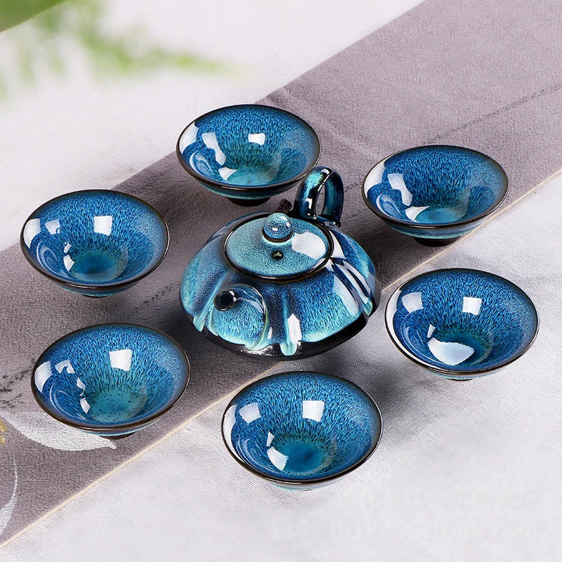 

Jingdezhen Starry sky tea set Include 6 cups 1 tea pot,temmoku glaze Porcelain Brand Exquisite Set Kung Fu Tea Cup teapot