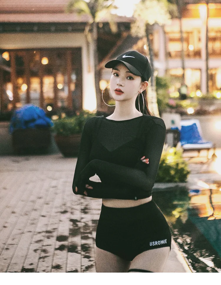 Two Piece Bikini Set Korean Style Women Sexy Lovely Swimwear Tankini Set Long Sleeve Bathing Suits Beach Wear Rashguard