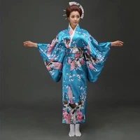 lake blue peafowl japanese kimono womens polyester satin kimono yukata evening dress haori kimono with obi one size