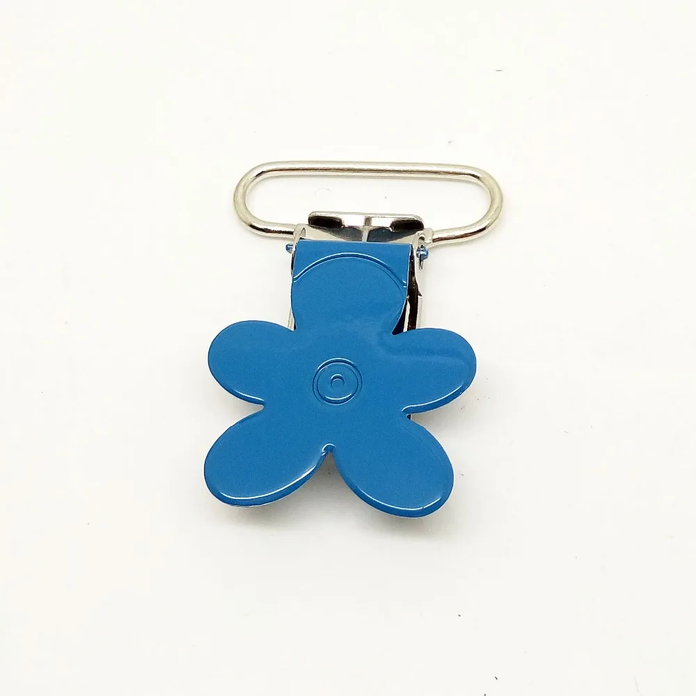 

100pcs/lot metal suspender clip painted flower pacifier holder clip enamel suspender clips light blue color