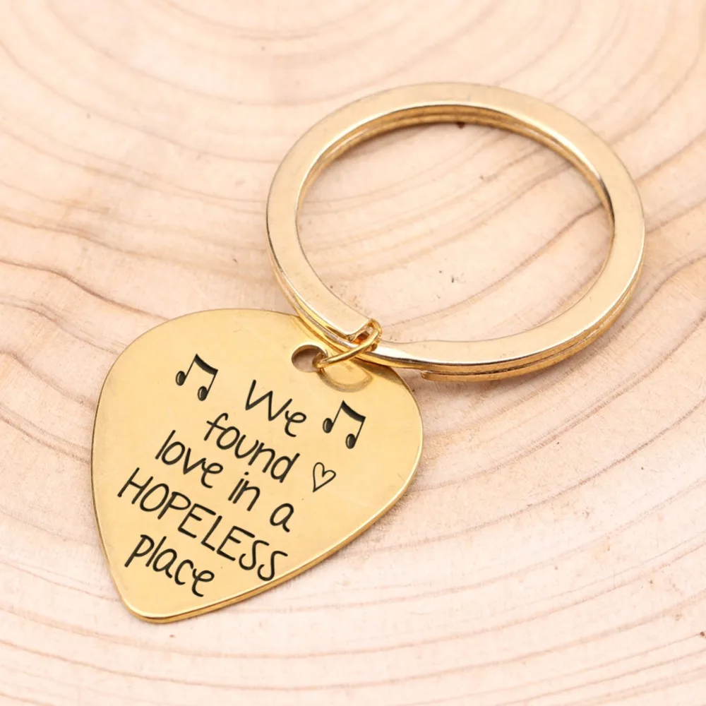 Guitar Pick Key Chain Music Lover Gift Hand Stamped We Found Love In a Hopeless Place Musician Men Women Keyring Jewelry | Украшения и
