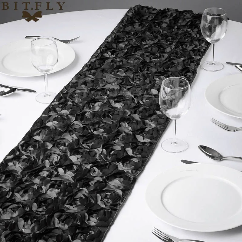 black Новые модные атласные настольные дорожки с розочками 30x275 см, 3D грандиозная Роза, украшения для свадебной вечеринки, домашний текстиль, настольные дорожки - Цвет: black