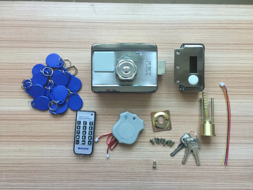 

HIGH QUALITY DC12V RFID Electronic integrated reader LOCK WITH SIREN AND 30 PCS KEYFOBS USDED IN DOOR ACCESS CONTROL SYSTEM