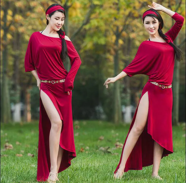 Красный Сексуальный женский Мягкий модальный костюм для танца живота одежда для восточных танцев платье+ повязка на голову для женщин s одежда для танца живота DW053 - Цвет: Красный