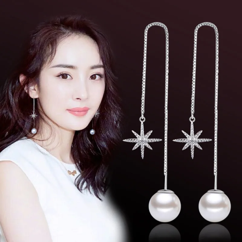 

Fanqieliu Box Chain Ear Line Long Dangle Earrings Sterling 925 Silver Jewelry Rhinestone Star Drop Earrings For Women FQL193264