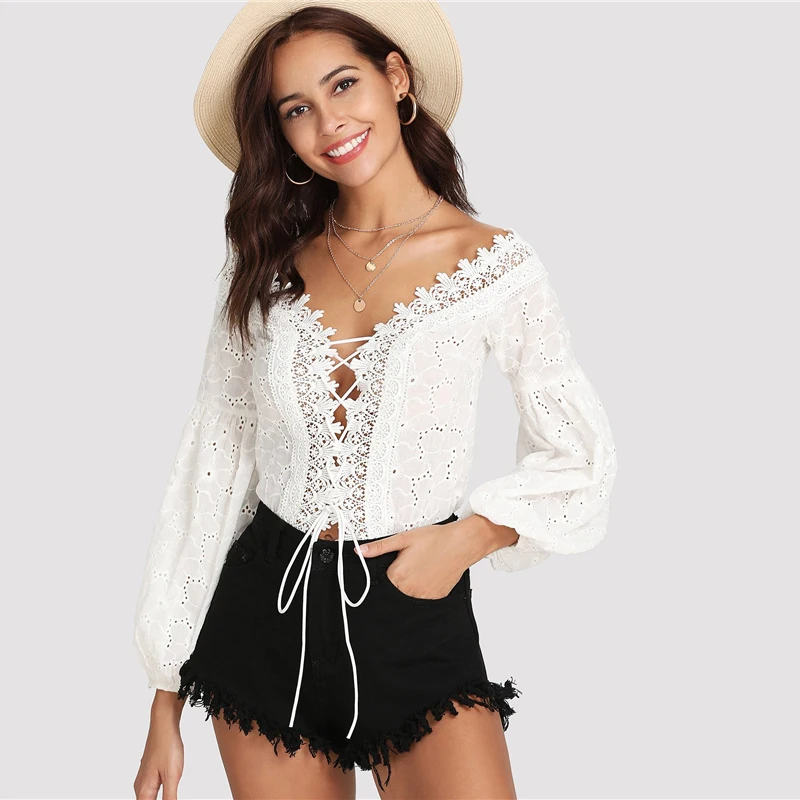SHEIN Ажурное Боди На Шнуровке, Кружевное Однотонное Боди, Нарядное Летнее Боди