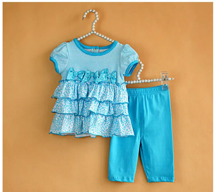 New Baby girl's dress suit 100% cotton 2014 summer fashion blue stripe leopard print bow dress+pants 2 piece set baby clothing | Мать и