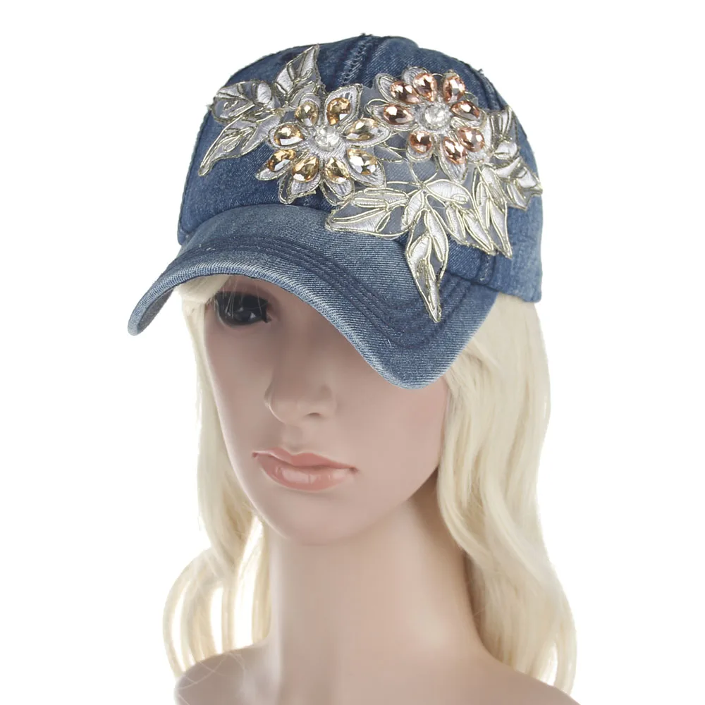 Новая мода регулируемая бейсболка женские бриллиантовые Стразы с цветами Летний