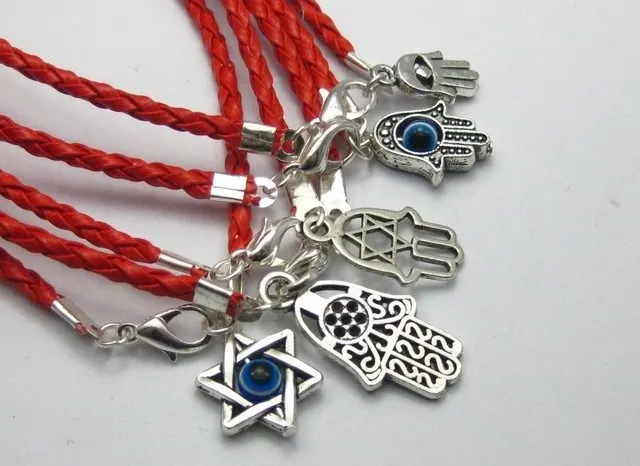 

10 Mixed Kabbalah Hamsa Hand Charms Red Leatheroid Braided String Bracelets