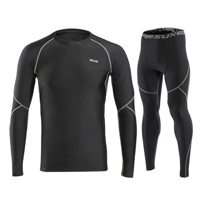 Black Gray Set Флисовые теплые мужские спортивные Велоспорт базовые слои полный колготки с длинным рукавом рубашки и брюки термобелье Набор Размер S до XXL - Цвет: Black Gray Set