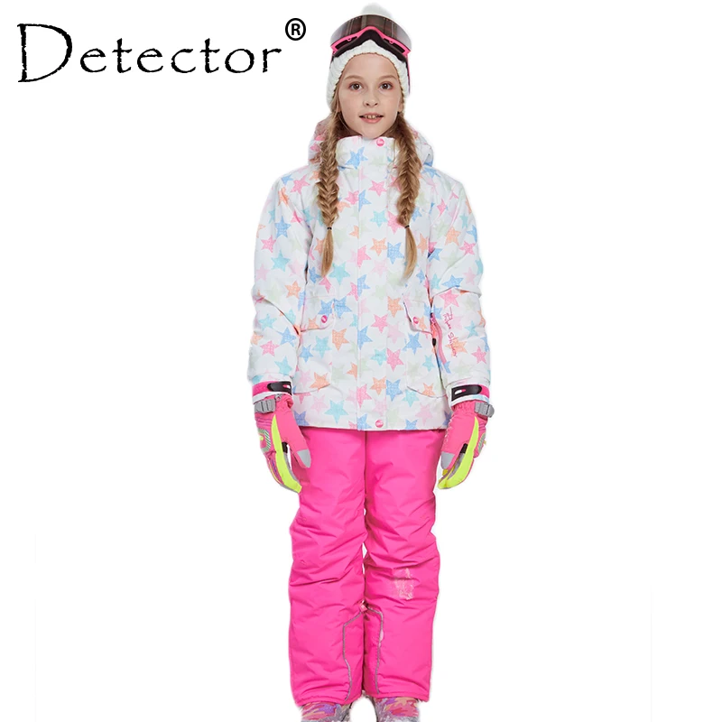 Detector Girl Ski Jacket and Pant Winter Warm Skiing Suit Windproof Removable Hood Outdoor Children Clothing Set Kids Snow Sets