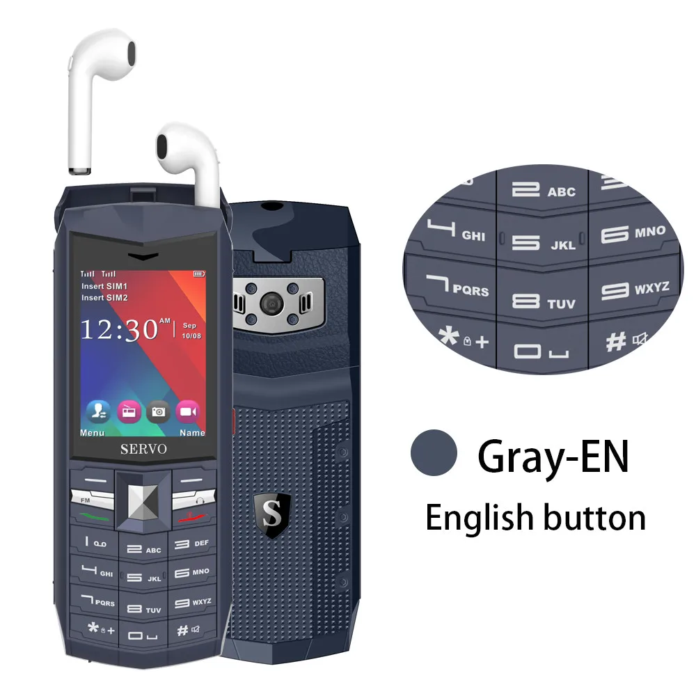 Gray English button SERVO R26 2," мобильный телефон с TWS 5,0 Bluetooth беспроводные наушники 3000 мАч Внешний аккумулятор GSM GPRS 2 sim-карты мобильного телефона - Цвет: Gray English button