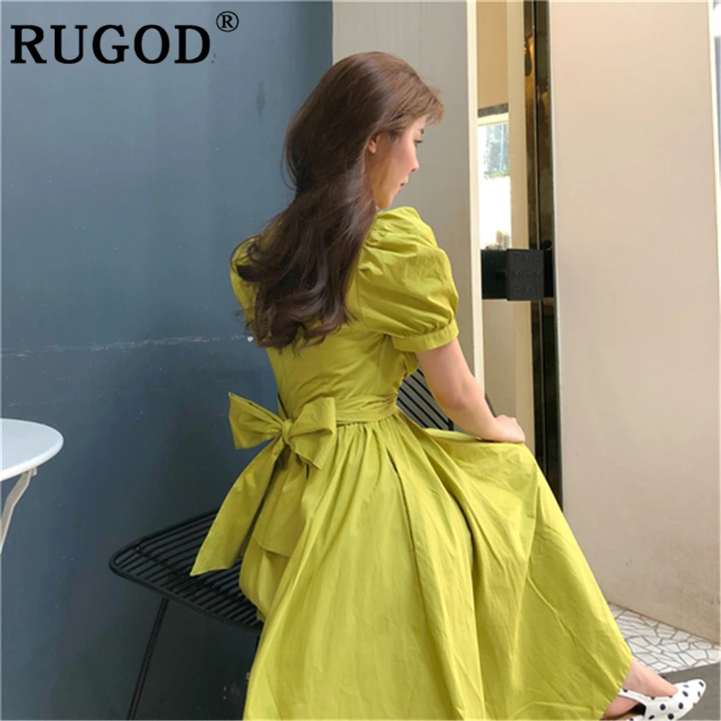 Женское вечернее платье RUGOD однотонное с бантом на спине и пышными рукавами