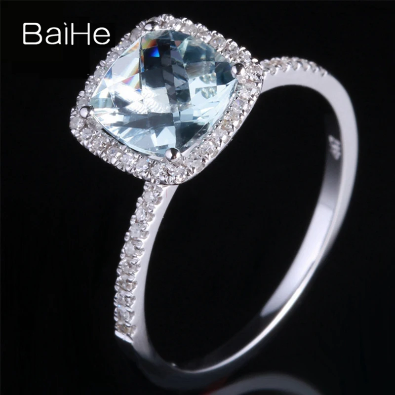 BAIHE Solid 14K белое золото около 1.2ct сертифицированная Подушка CUT Натуральный аквамарин свадебные женские ювелирные изделия уникальный подарок кольцо