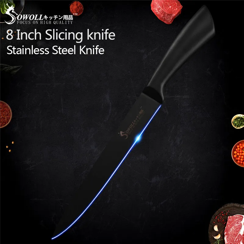 8 inch slicer SOWOLL, Новое поступление, набор ножей из нержавеющей стали, черное острое лезвие, экономия труда, кухонный нож 3Cr13, стальной японский нож шеф-повара - Цвет: 8 inch slicer