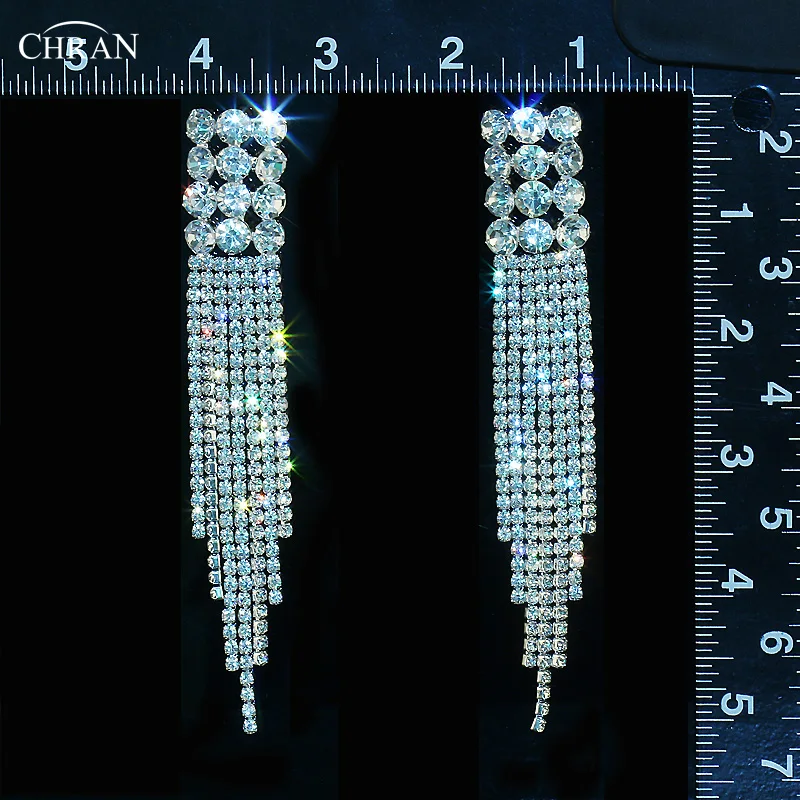 Chran Посеребренная Кристалл Rhinestone люстра серьги длинные Ленточки Серьги Jewelry