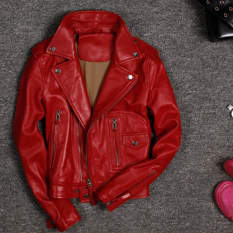Genuine Leather Jacket Coat Women Real Sheepskin Motorcycle Biker Leather Jacket Slim Fit Female Ladies Outerwear Red Black