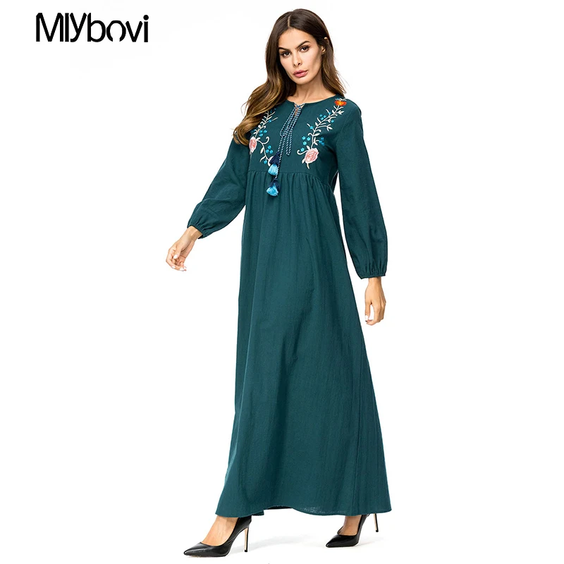 Casual Maxi Dress Green Embroidered 4XL Long Sleeve Moroccan Kaftan Dubai Abaya Islam Turkish Caftan Islamic Clothing Plus|Женские