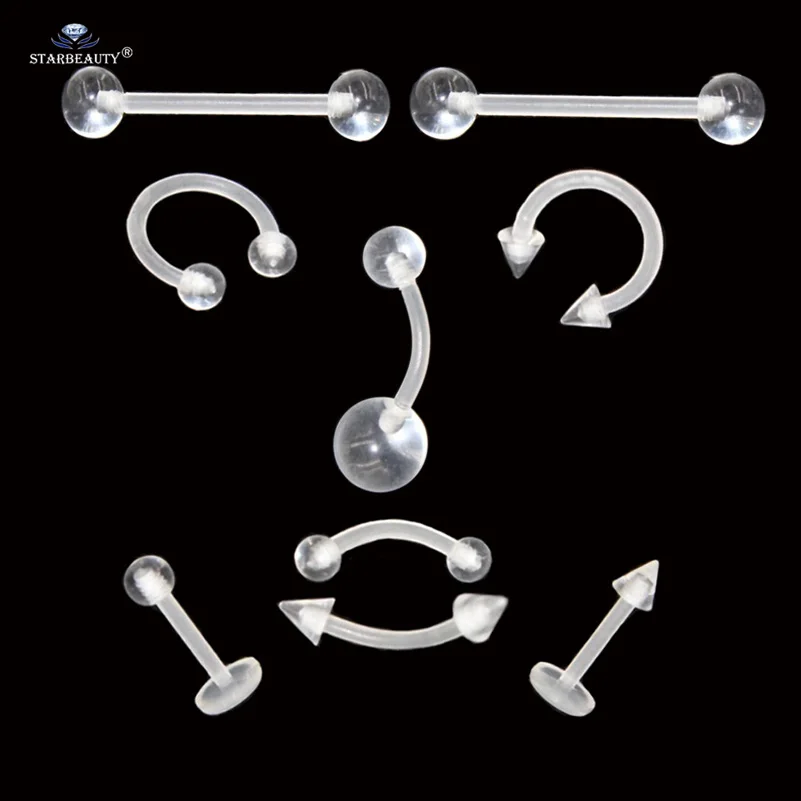 3 pcs/lot Clear Acrylic Fake Nose Ring Septum Belly Ring Earrings Lip Labret Piercing Helix Piercing Tragus Barbell Tongue Rings