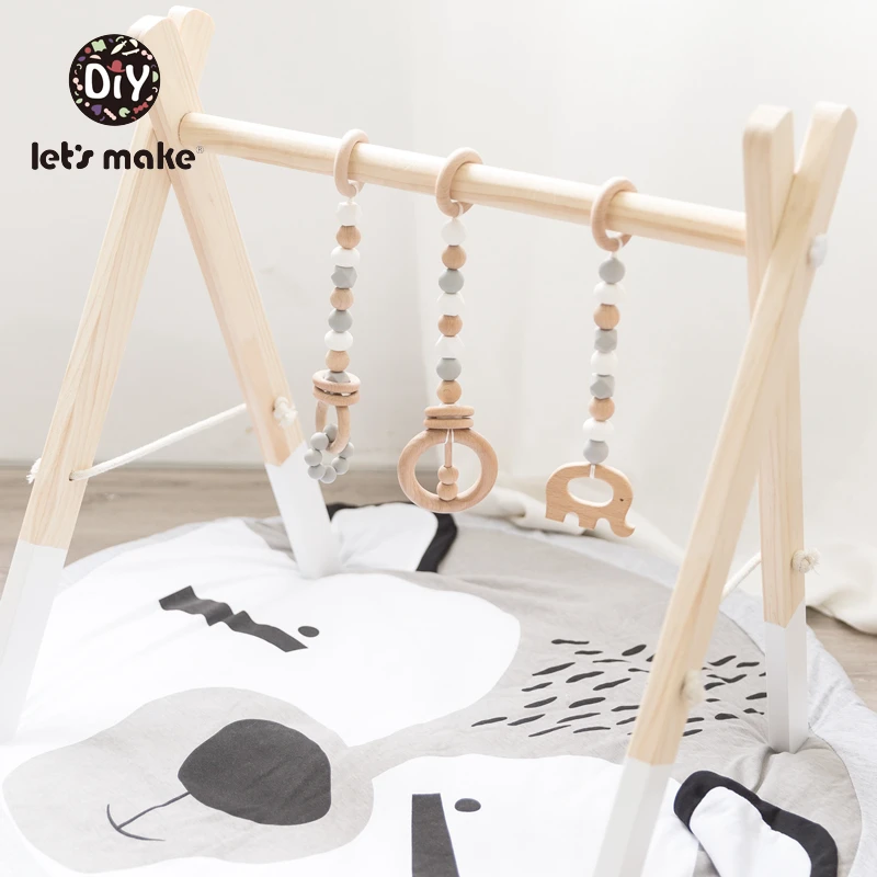 Let's Make Baby Toys Wooden Teether Teething Beech Wood Ring Sensory Baby Gym Toy Chew Silicone Teether Play Gym Baby Rattles
