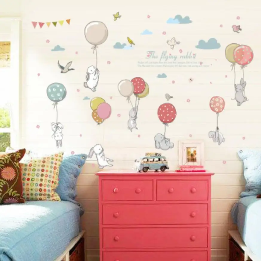 

Cute Cartoon Rabbit Colorful Balloons Wall Stickers Baby Boy Girl Bedroom Decor Sticker Room Furniture Wallpaper Stikers XN185