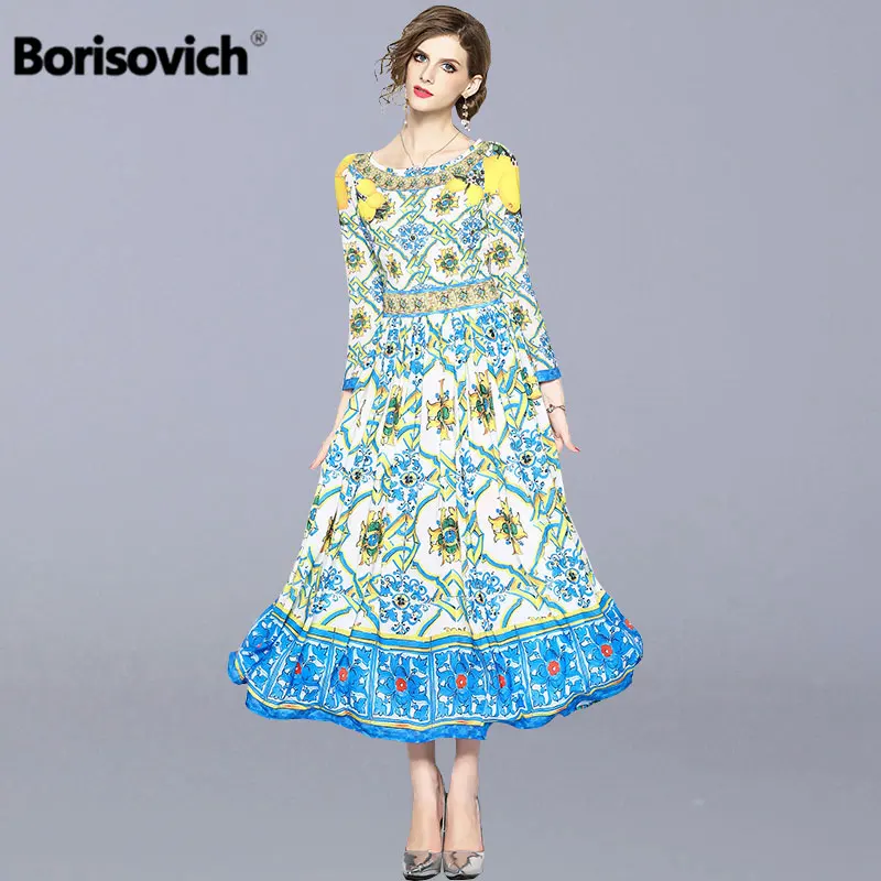 Женское длинное платье Borisovich элегантное облегающее с винтажным принтом на осень