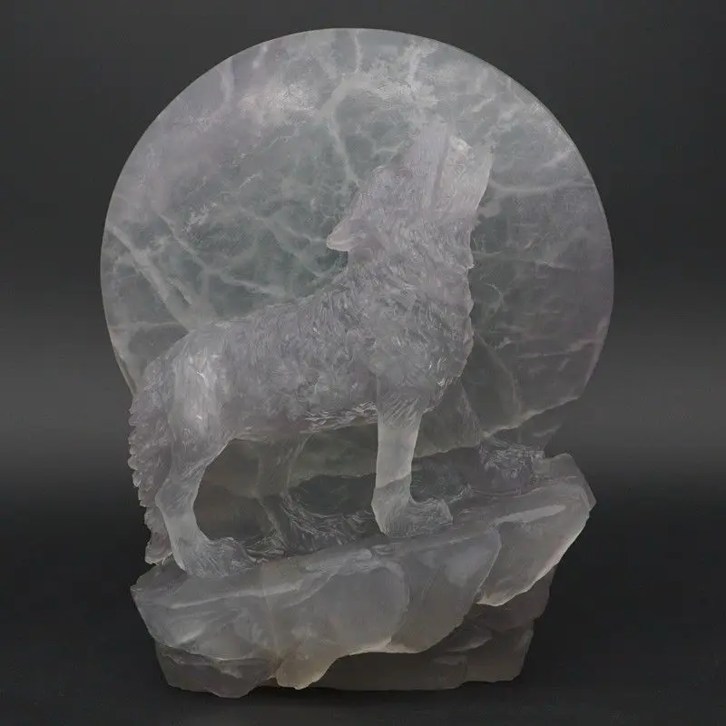 

6.6" Howling Wolf Under The Moon Natural Gemstone Fluorite Crystal Craft Carved Decor
